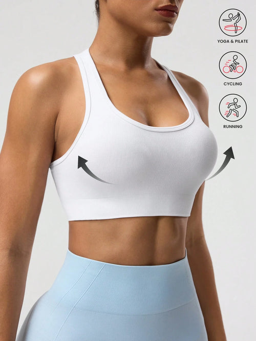 Women Solid Color Racerback Sports Bra, Sleeveless Short Yoga Tank Top, Lightweight Workout Running Activewear For Gym Travel Daily Street Athleisure