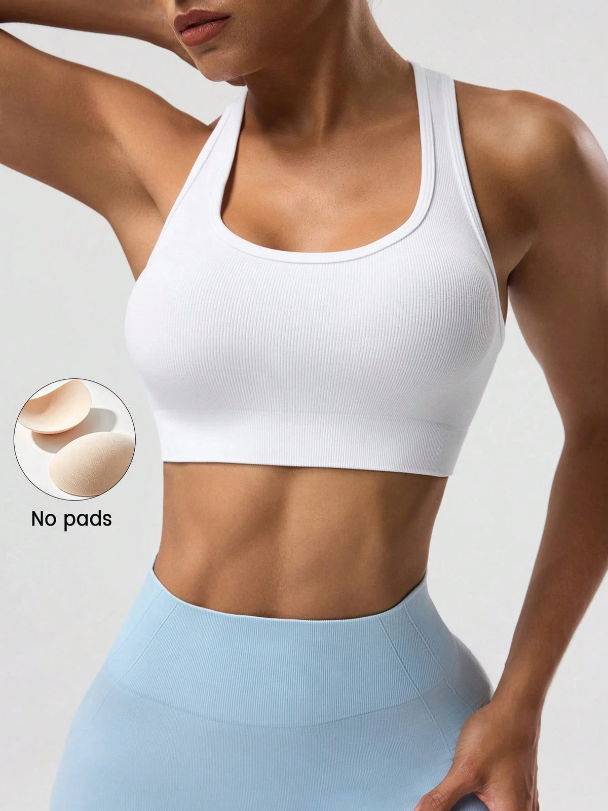 Women Solid Color Racerback Sports Bra, Sleeveless Short Yoga Tank Top, Lightweight Workout Running Activewear For Gym Travel Daily Street Athleisure