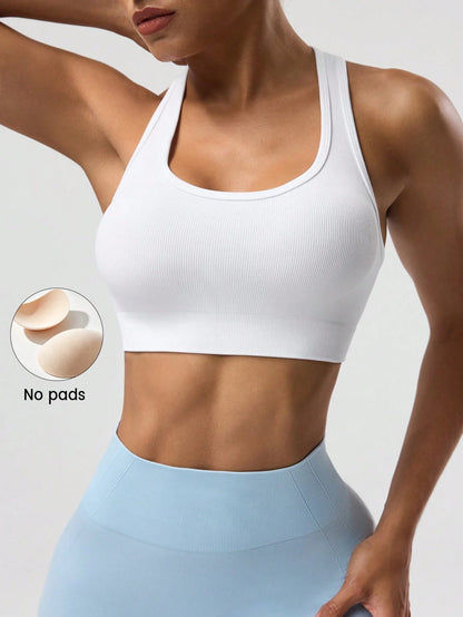 Women Solid Color Racerback Sports Bra, Sleeveless Short Yoga Tank Top, Lightweight Workout Running Activewear For Gym Travel Daily Street Athleisure