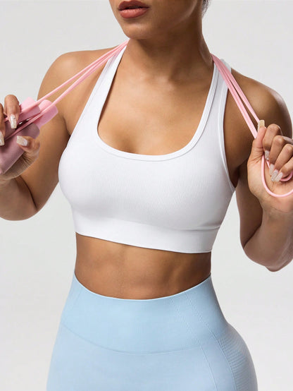 Women Solid Color Racerback Sports Bra, Sleeveless Short Yoga Tank Top, Lightweight Workout Running Activewear For Gym Travel Daily Street Athleisure