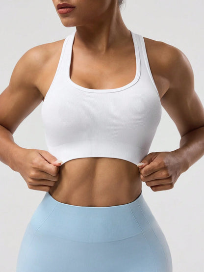 Women Solid Color Racerback Sports Bra, Sleeveless Short Yoga Tank Top, Lightweight Workout Running Activewear For Gym Travel Daily Street Athleisure
