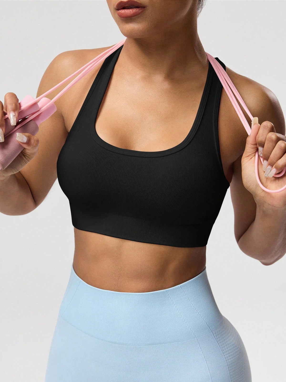 Women Solid Color Racerback Sports Bra, Sleeveless Short Yoga Tank Top, Lightweight Workout Running Activewear For Gym Travel Daily Street Athleisure