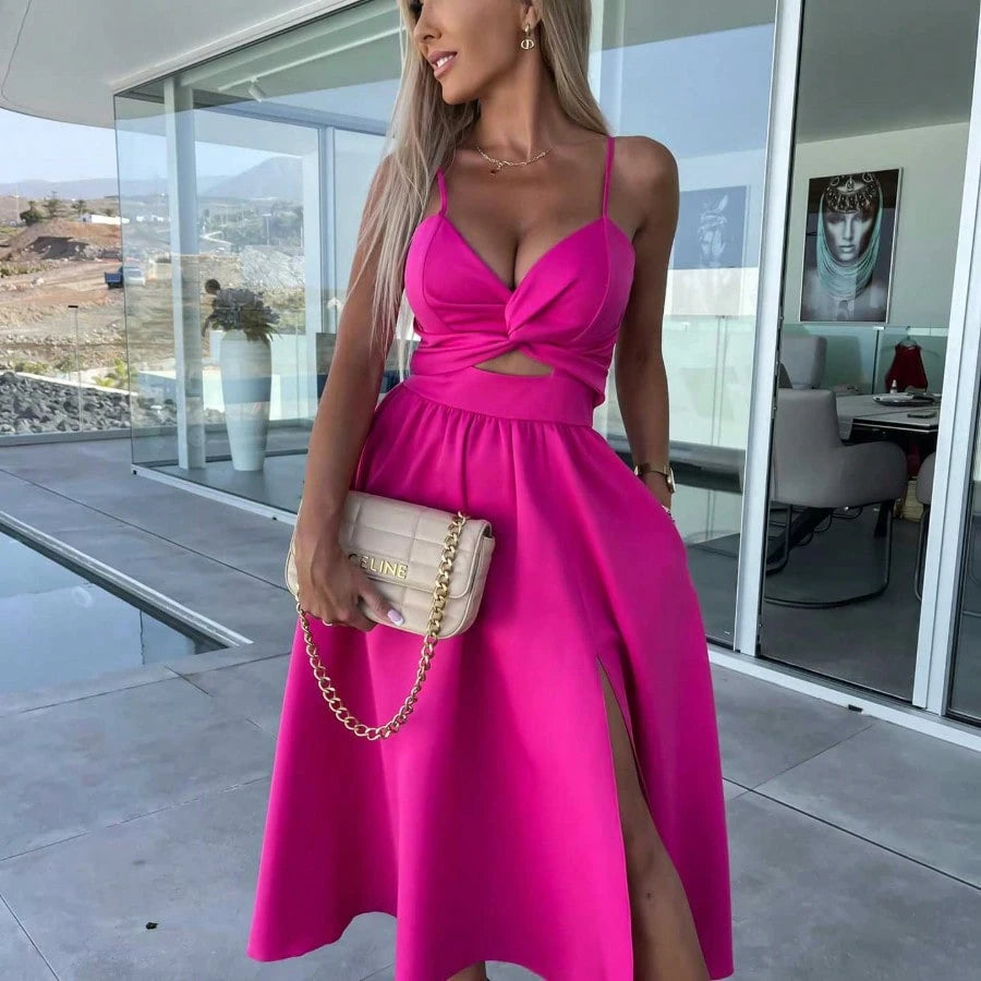Women Spaghetti Strap Twist Cutout Midi Dress, High Slit Flowy Satin Skirt, Night Out Wedding Guest Ropa De Fiesta Outfit