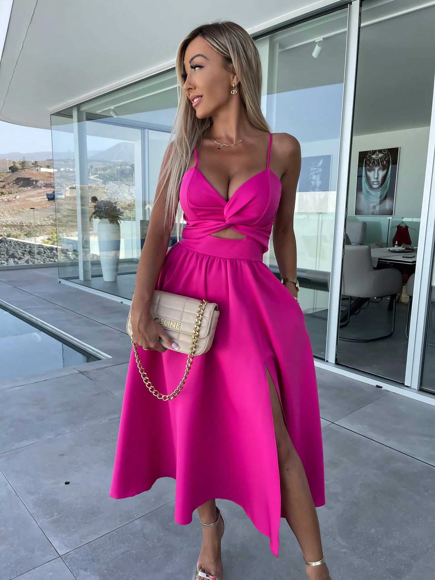 Women Spaghetti Strap Twist Cutout Midi Dress, High Slit Flowy Satin Skirt, Night Out Wedding Guest Ropa De Fiesta Outfit