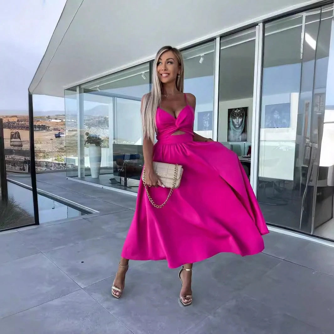 Women Spaghetti Strap Twist Cutout Midi Dress, High Slit Flowy Satin Skirt, Night Out Wedding Guest Ropa De Fiesta Outfit