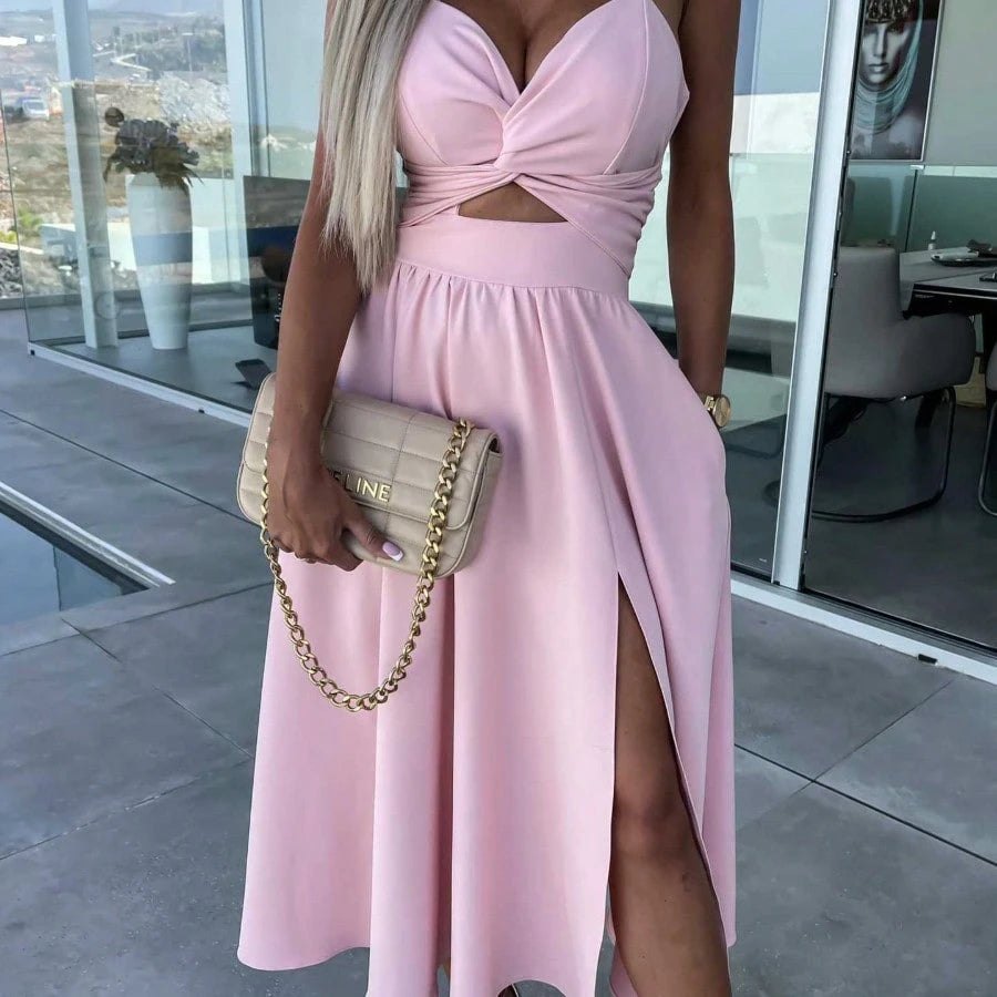 Women Spaghetti Strap Twist Cutout Midi Dress, High Slit Flowy Satin Skirt, Night Out Wedding Guest Ropa De Fiesta Outfit