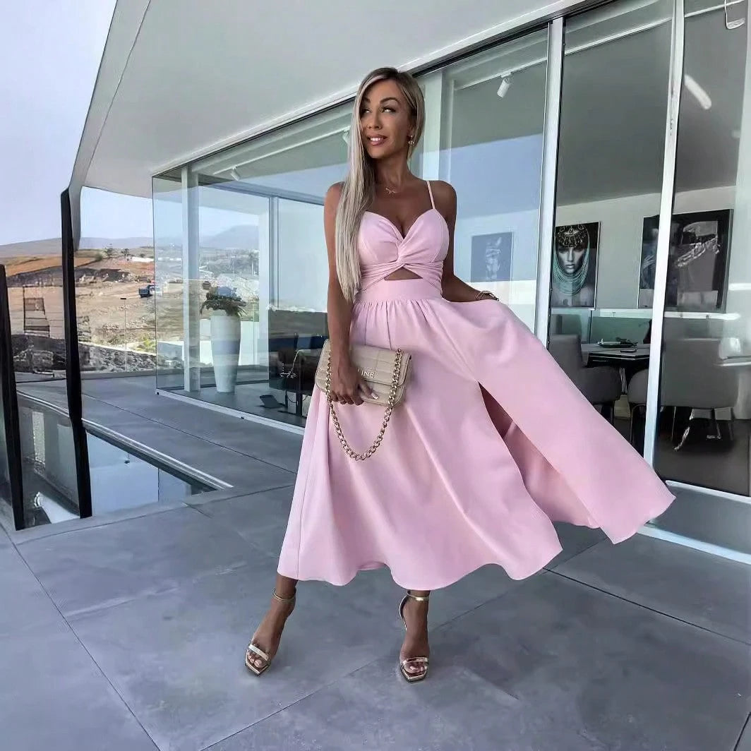 Women Spaghetti Strap Twist Cutout Midi Dress, High Slit Flowy Satin Skirt, Night Out Wedding Guest Ropa De Fiesta Outfit