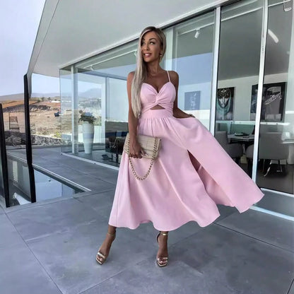 Women Spaghetti Strap Twist Cutout Midi Dress, High Slit Flowy Satin Skirt, Night Out Wedding Guest Ropa De Fiesta Outfit