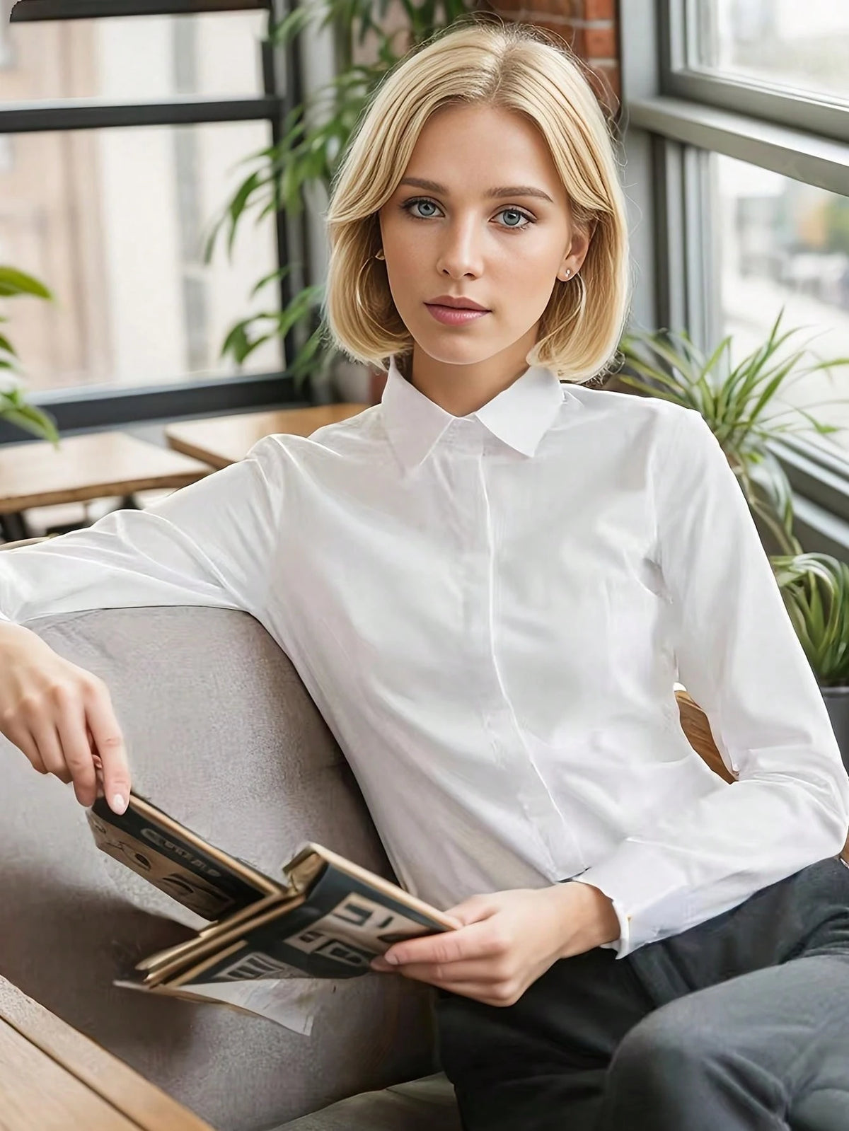 Women White Formal Blouse With Hidden Buttons, Long Sleeve Fitted Work Shirt, Office Lady Wear Spring