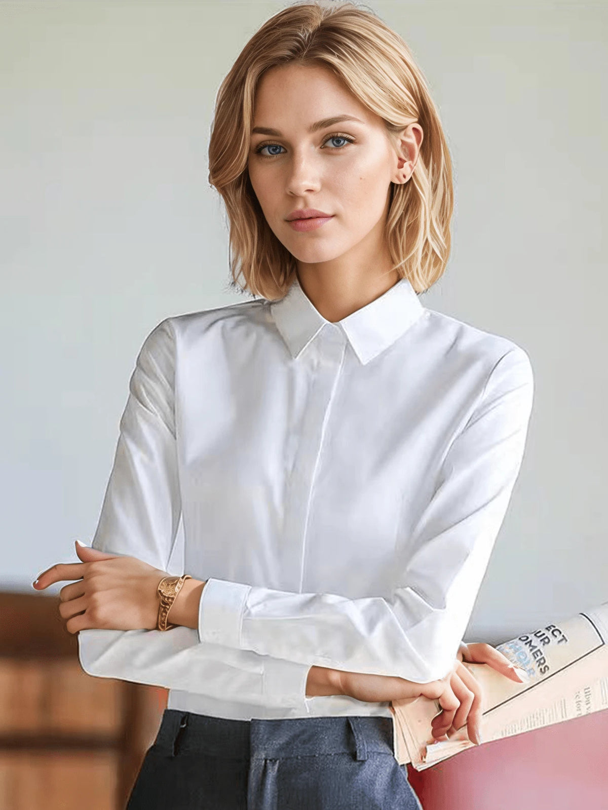 Women White Formal Blouse With Hidden Buttons, Long Sleeve Fitted Work Shirt, Office Lady Wear Spring
