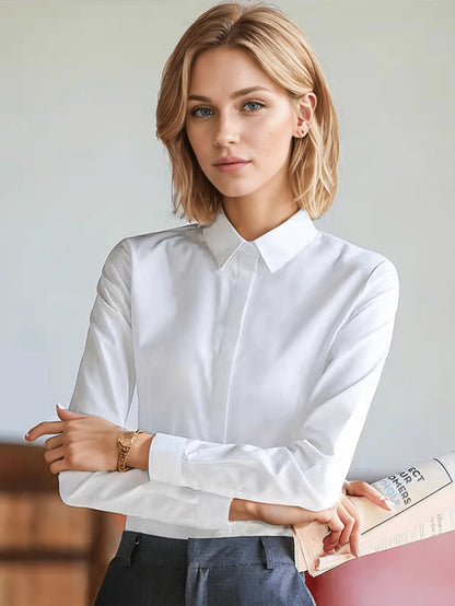 Women White Formal Blouse With Hidden Buttons, Long Sleeve Fitted Work Shirt, Office Lady Wear Spring