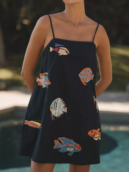 Women Y2K Boho Mini Cami Dress Spaghetti Strap Fish Printed Flowy Sling Dress Graphic Backless A Line Summer Holiday Sundress