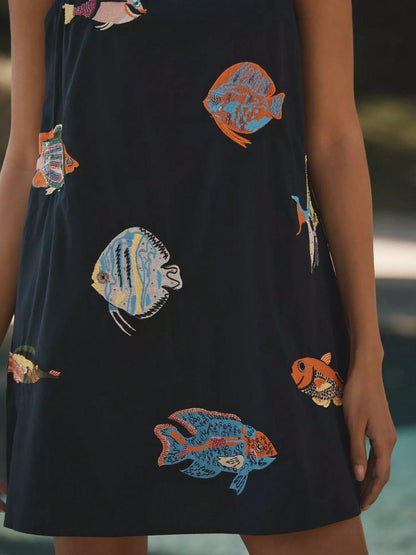 Women Y2K Boho Mini Cami Dress Spaghetti Strap Fish Printed Flowy Sling Dress Graphic Backless A Line Summer Holiday Sundress