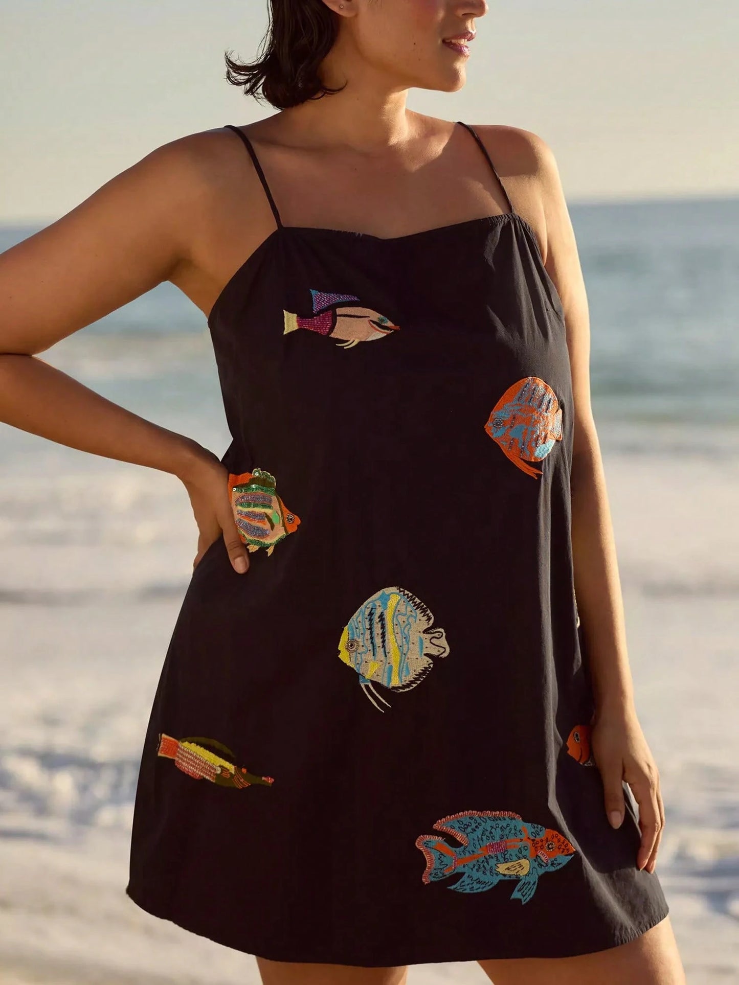 Women Y2K Boho Mini Cami Dress Spaghetti Strap Fish Printed Flowy Sling Dress Graphic Backless A Line Summer Holiday Sundress