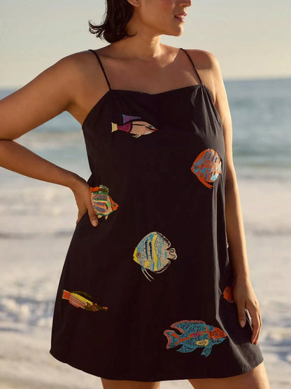 Women Y2K Boho Mini Cami Dress Spaghetti Strap Fish Printed Flowy Sling Dress Graphic Backless A Line Summer Holiday Sundress