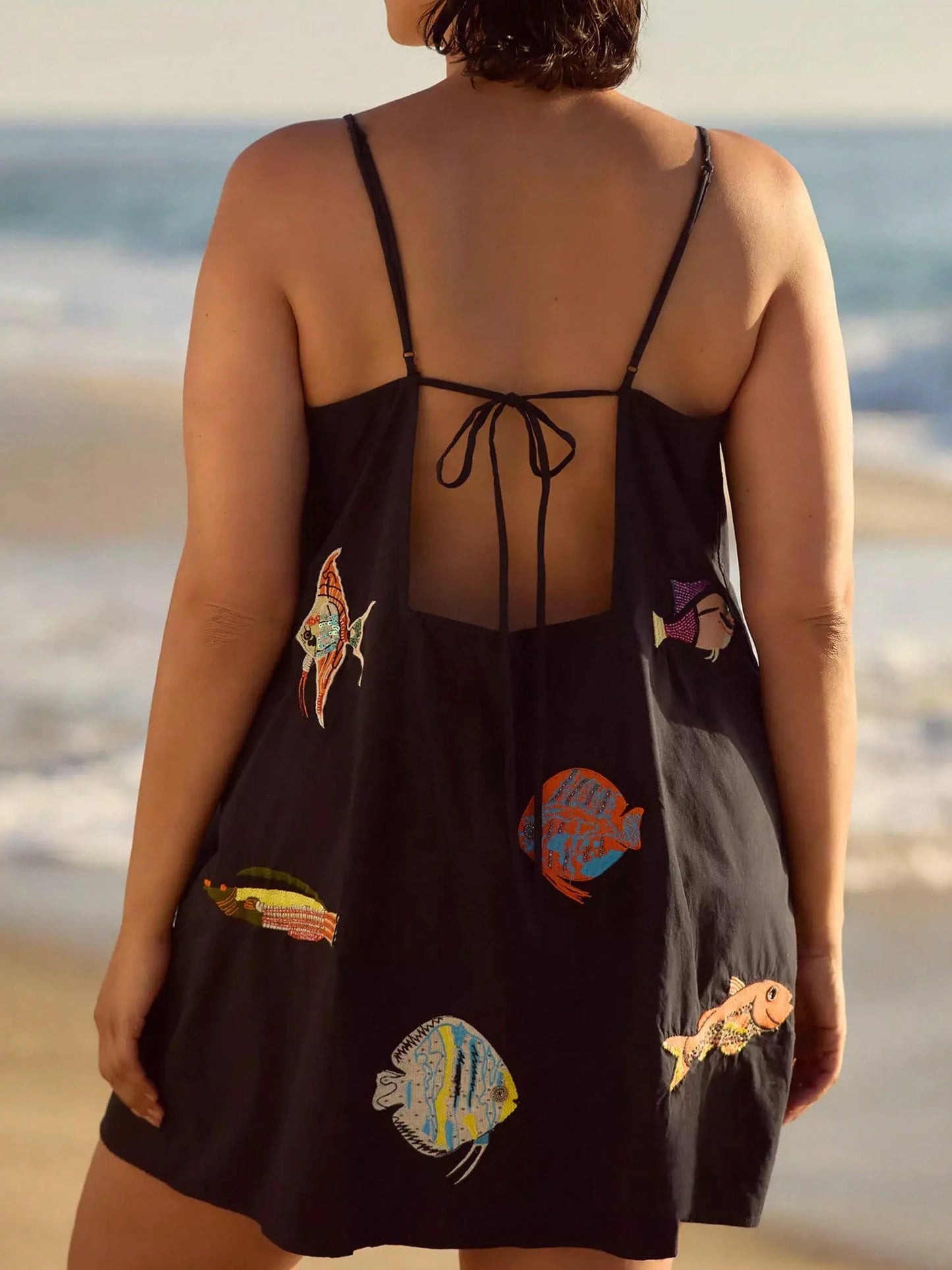 Women Y2K Boho Mini Cami Dress Spaghetti Strap Fish Printed Flowy Sling Dress Graphic Backless A Line Summer Holiday Sundress