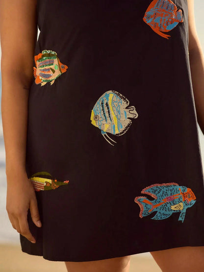Women Y2K Boho Mini Cami Dress Spaghetti Strap Fish Printed Flowy Sling Dress Graphic Backless A Line Summer Holiday Sundress