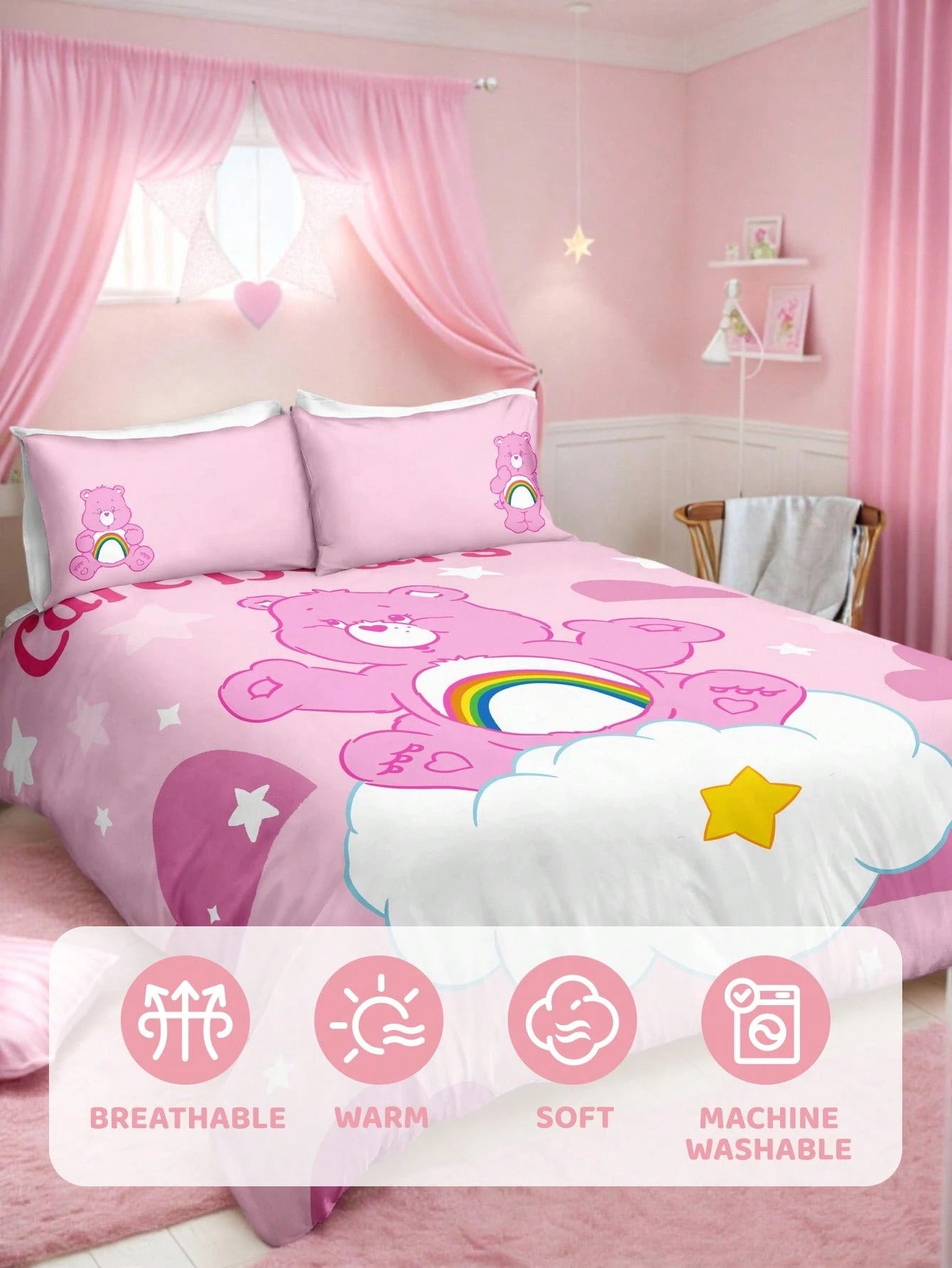 X Care Bears 3Pc Cute Cartoon Printed Quilt Cover Set, Sanded Material, Soft And Warm, Multiple Sizes, Suitable For Single Bed/Double Bed/Queen Bed/King Bed