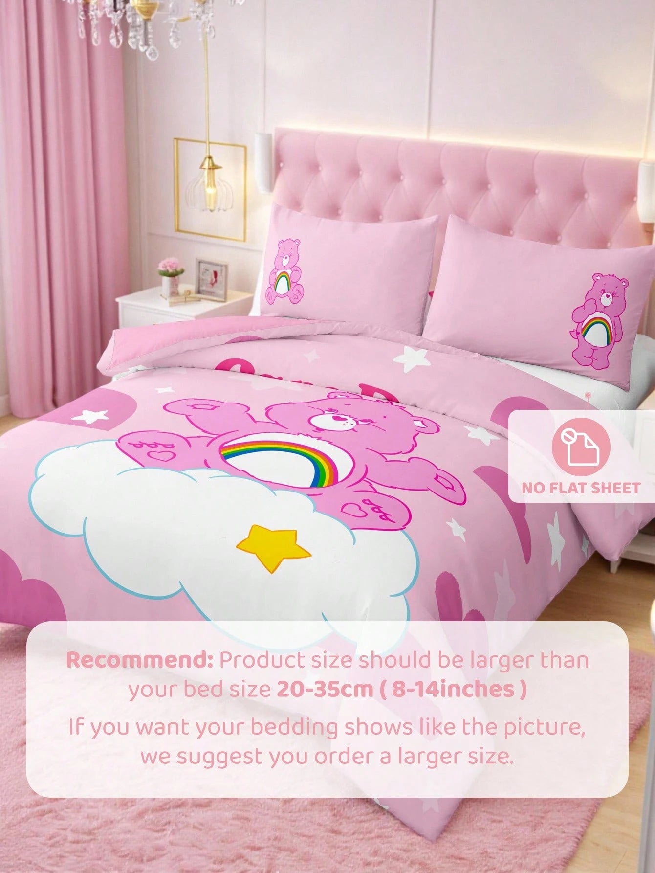 X Care Bears 3Pc Cute Cartoon Printed Quilt Cover Set, Sanded Material, Soft And Warm, Multiple Sizes, Suitable For Single Bed/Double Bed/Queen Bed/King Bed
