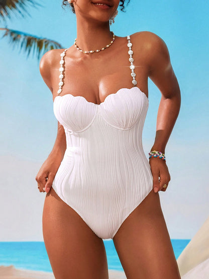 X Sofía Suescun Swim Vcay 1pc Women's Solid Color Textured Spaghetti Strap One-Piece Swimsuit, Suitable For Holiday & Beach, For Summer Vacation