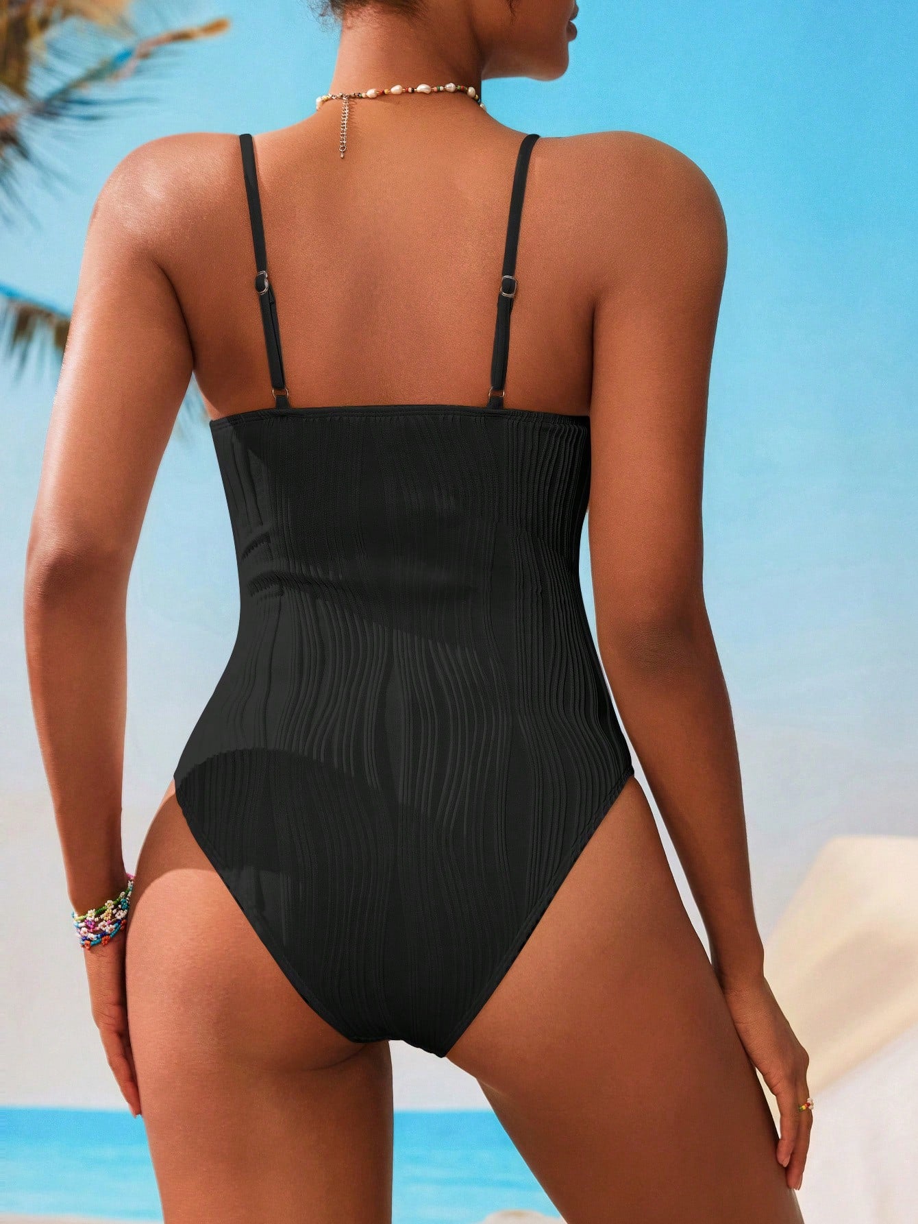 X Sofía Suescun Swim Vcay 1pc Women's Solid Color Textured Spaghetti Strap One-Piece Swimsuit, Suitable For Holiday & Beach, For Summer Vacation