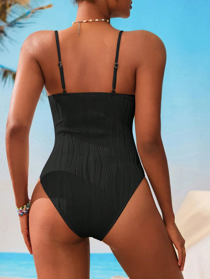X Sofía Suescun Swim Vcay 1pc Women's Solid Color Textured Spaghetti Strap One-Piece Swimsuit, Suitable For Holiday & Beach, For Summer Vacation