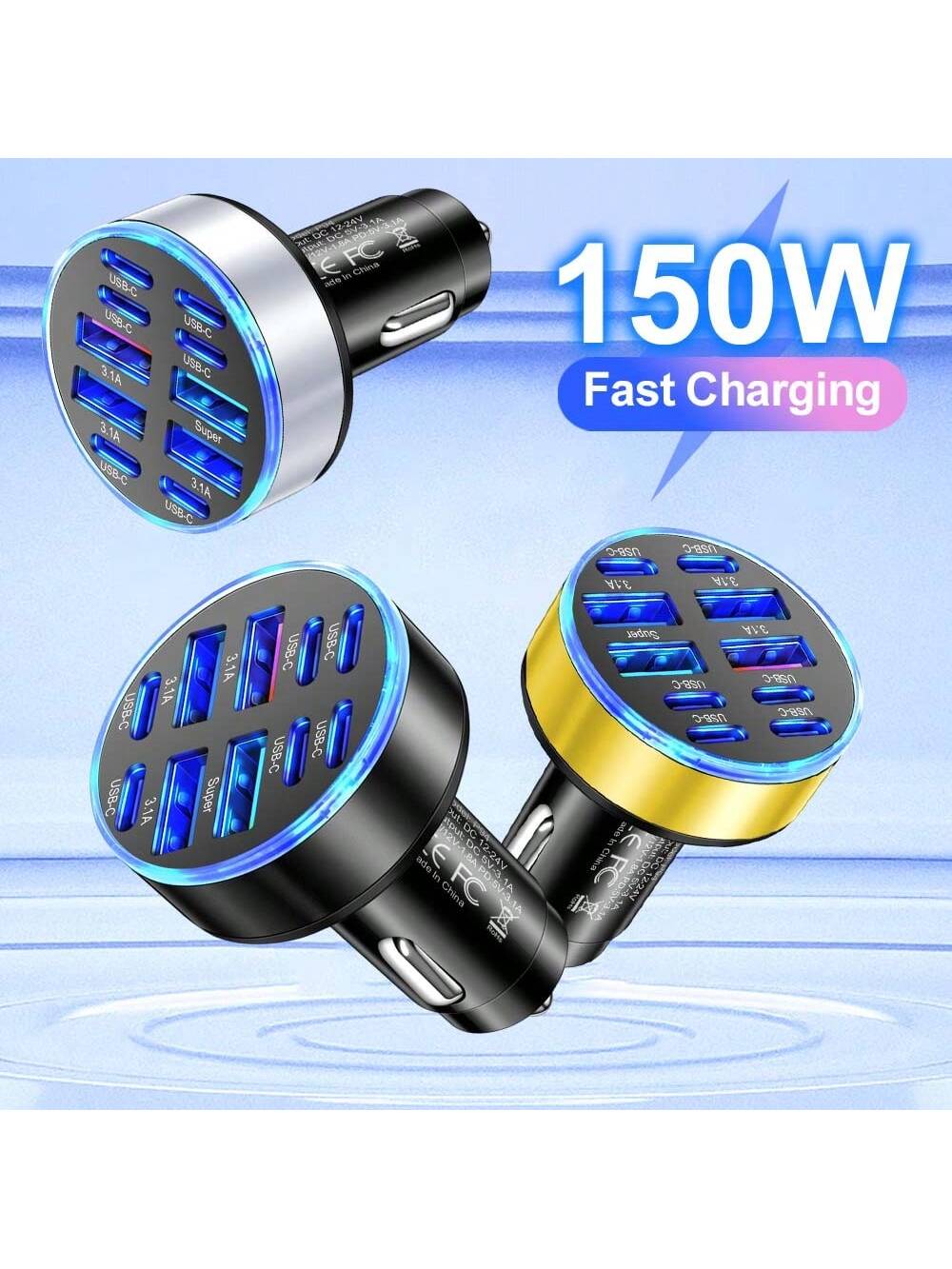 XJDR 1pc 10-Port USB + Type-C Fast Charging Car Phone Charger Adapter 4-Port USB Car Charger Type C PD Fast Charging 3.0 Car Charger