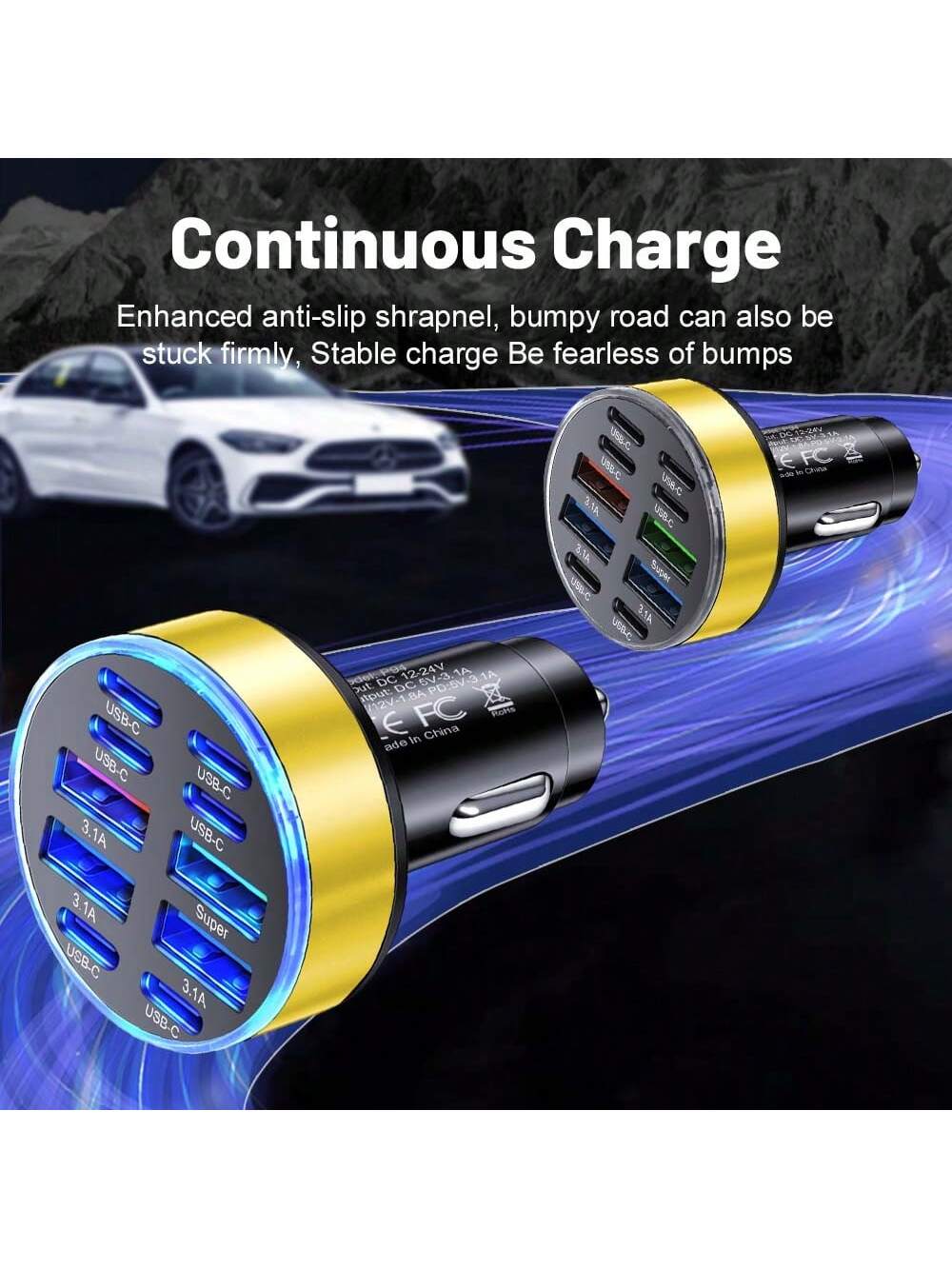XJDR 1pc 10-Port USB + Type-C Fast Charging Car Phone Charger Adapter 4-Port USB Car Charger Type C PD Fast Charging 3.0 Car Charger