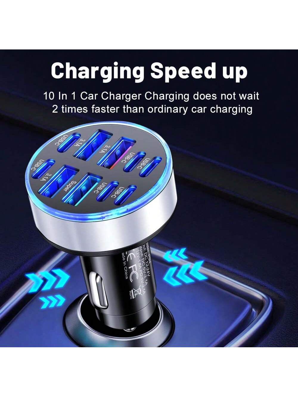 XJDR 1pc 10-Port USB + Type-C Fast Charging Car Phone Charger Adapter 4-Port USB Car Charger Type C PD Fast Charging 3.0 Car Charger
