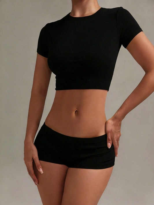 XLLAIS 2025 Women's Fitted Short Sleeve Crew Neck Sports T-Shirt, Cooling & Warm Layering, Cute Summer Top Casual Black