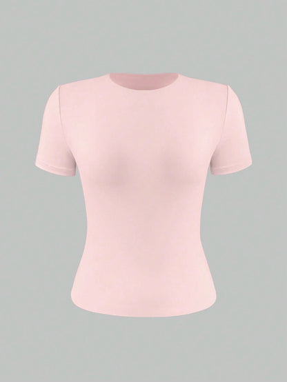 XLLAIS 2026 Model Round Neck Short Sleeve Summer Top, Solid Color Basic Slim Fit Sporty Style Women Casual T-Shirt