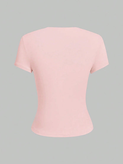 XLLAIS 2026 Model Round Neck Short Sleeve Summer Top, Solid Color Basic Slim Fit Sporty Style Women Casual T-Shirt