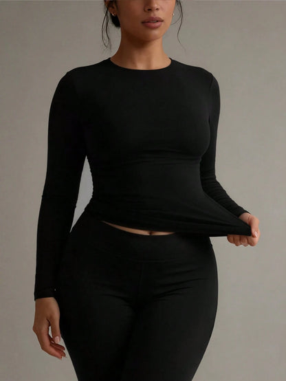 XLLAIS Autumn/Winter & Spring Elastic Fitted Base Layer Top, Casual Nightclub Long Sleeve Bright Red T-Shirt For Women Black, Date Night