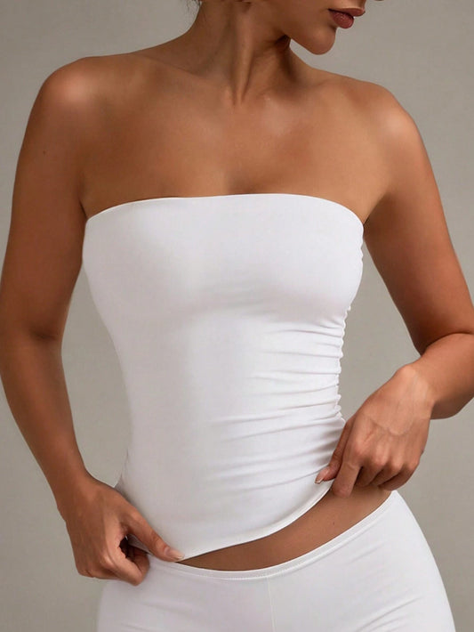 XLLAIS Sexy Strapless Basic Camisole, Fashionable Solid Color Elastic Fitted White Tube Top, Suitable For All Seasons Casual Summer, Clean Girl Aesthetic