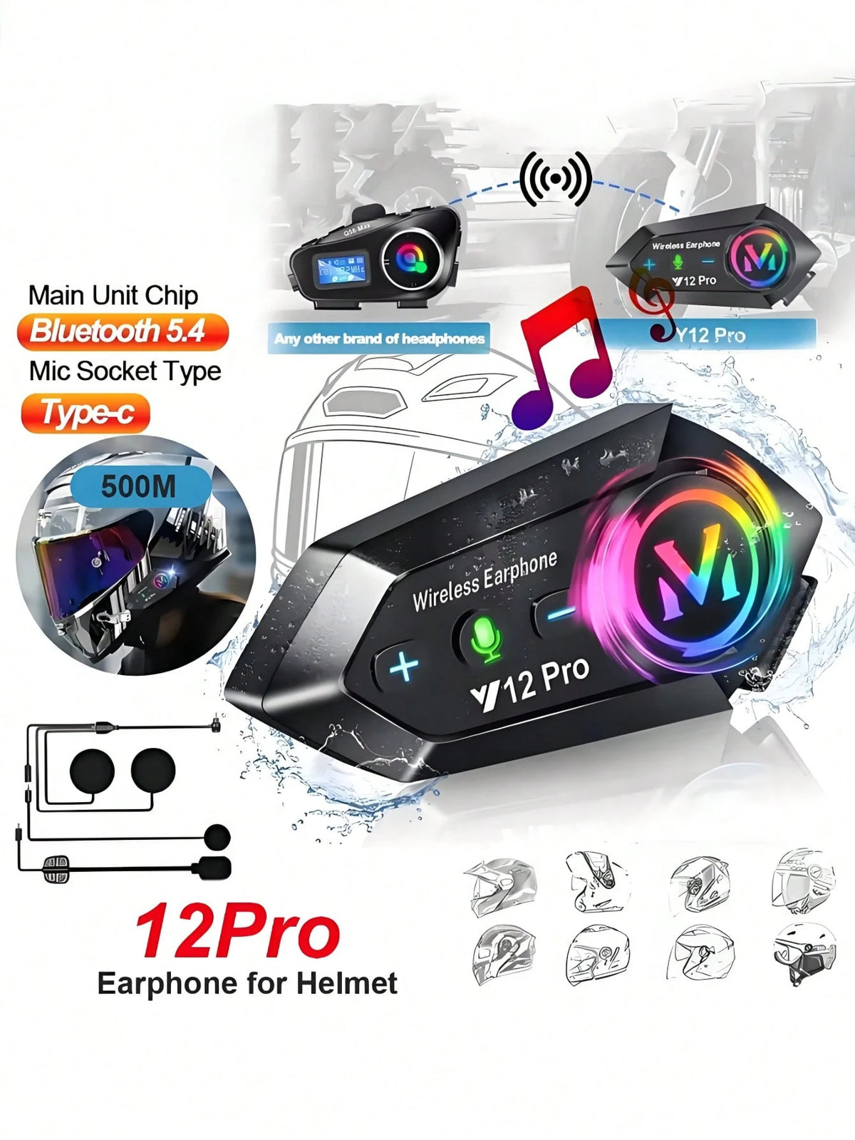 Y12 Pro Motorcycle Helmet Intercom Bluetooth 5.4 Headset, 500m Waterproof Wireless Intercom Speaker Hands-Free Intercom