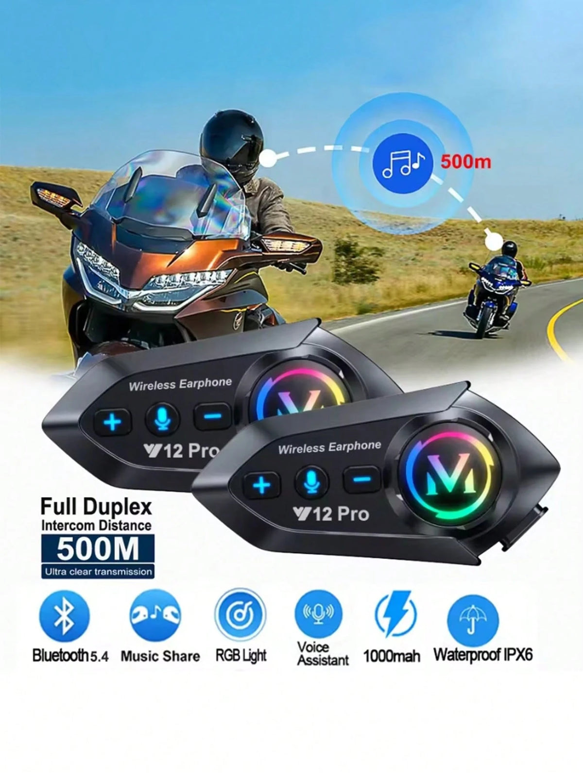 Y12 Pro Motorcycle Helmet Intercom Bluetooth 5.4 Headset, 500m Waterproof Wireless Intercom Speaker Hands-Free Intercom