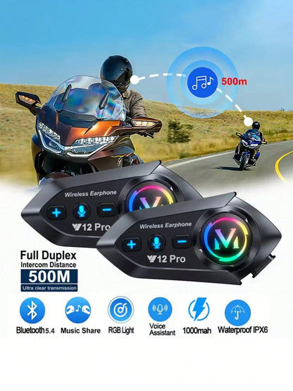 Y12 Pro Motorcycle Helmet Intercom Bluetooth 5.4 Headset, 500m Waterproof Wireless Intercom Speaker Hands-Free Intercom