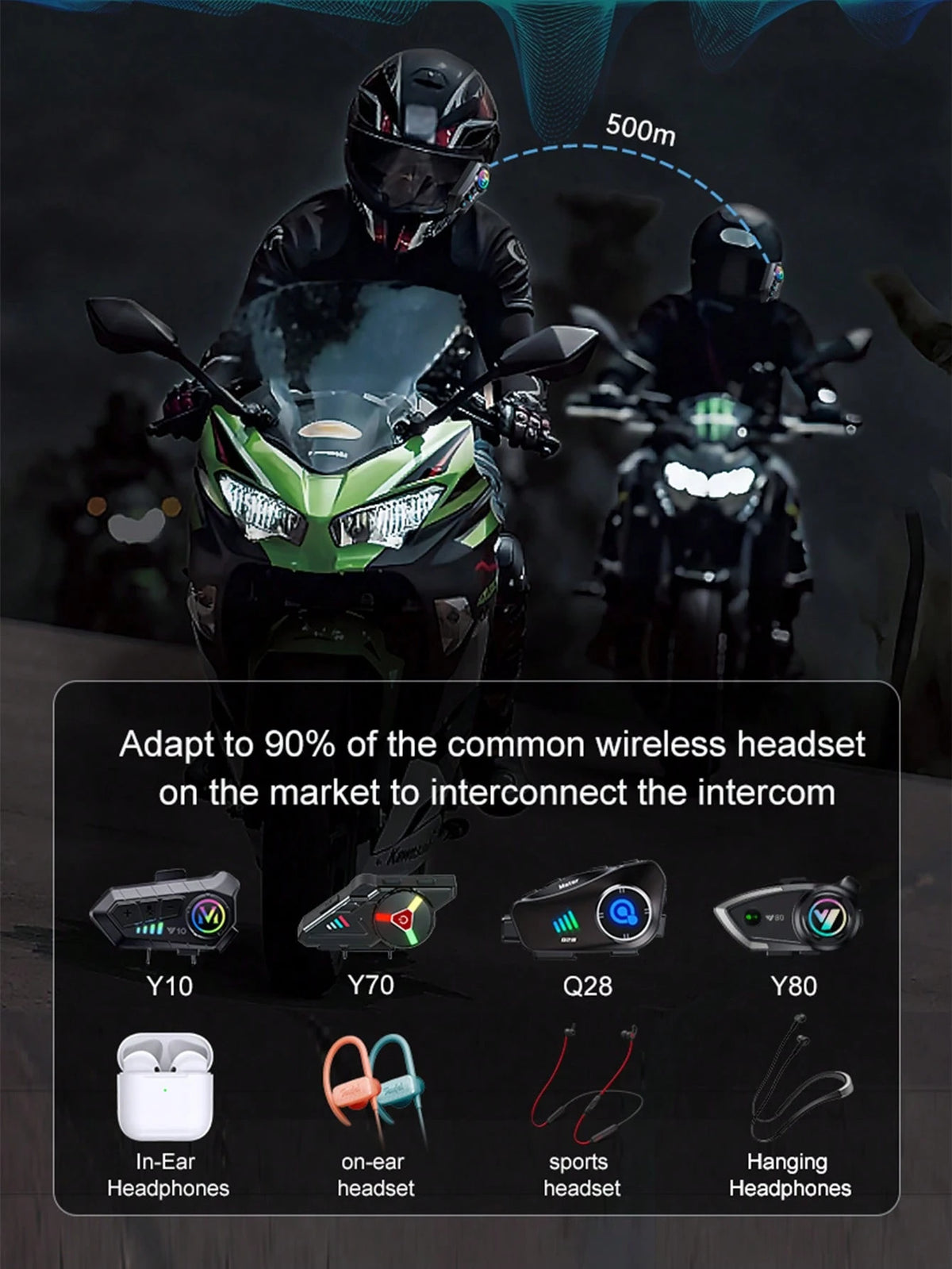 Y12 Pro Motorcycle Helmet Intercom Bluetooth 5.4 Headset, 500m Waterproof Wireless Intercom Speaker Hands-Free Intercom