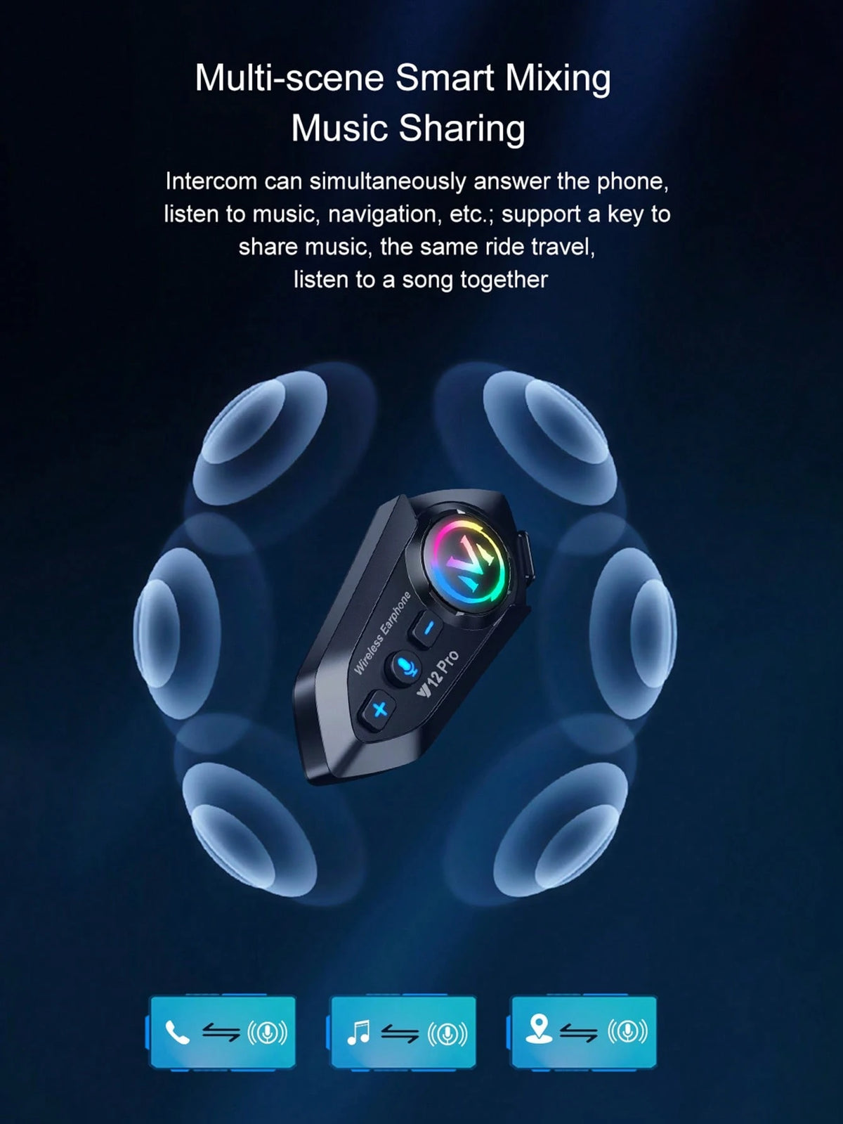 Y12 Pro Motorcycle Helmet Intercom Bluetooth 5.4 Headset, 500m Waterproof Wireless Intercom Speaker Hands-Free Intercom