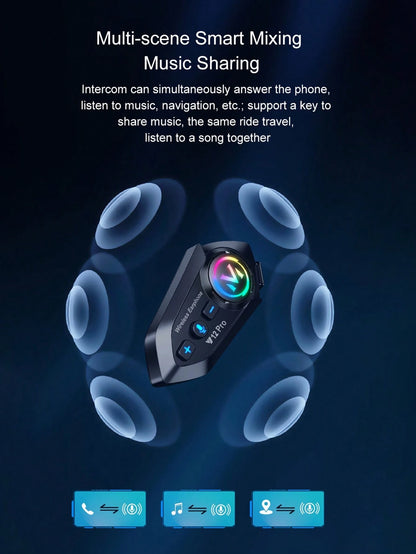Y12 Pro Motorcycle Helmet Intercom Bluetooth 5.4 Headset, 500m Waterproof Wireless Intercom Speaker Hands-Free Intercom