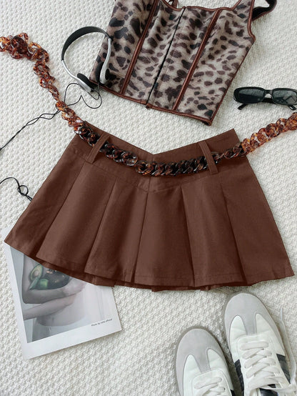 Y2K Streetwear Low Waist V-Neck Pleated A-Line Mini Skirt Casual Spring Brown