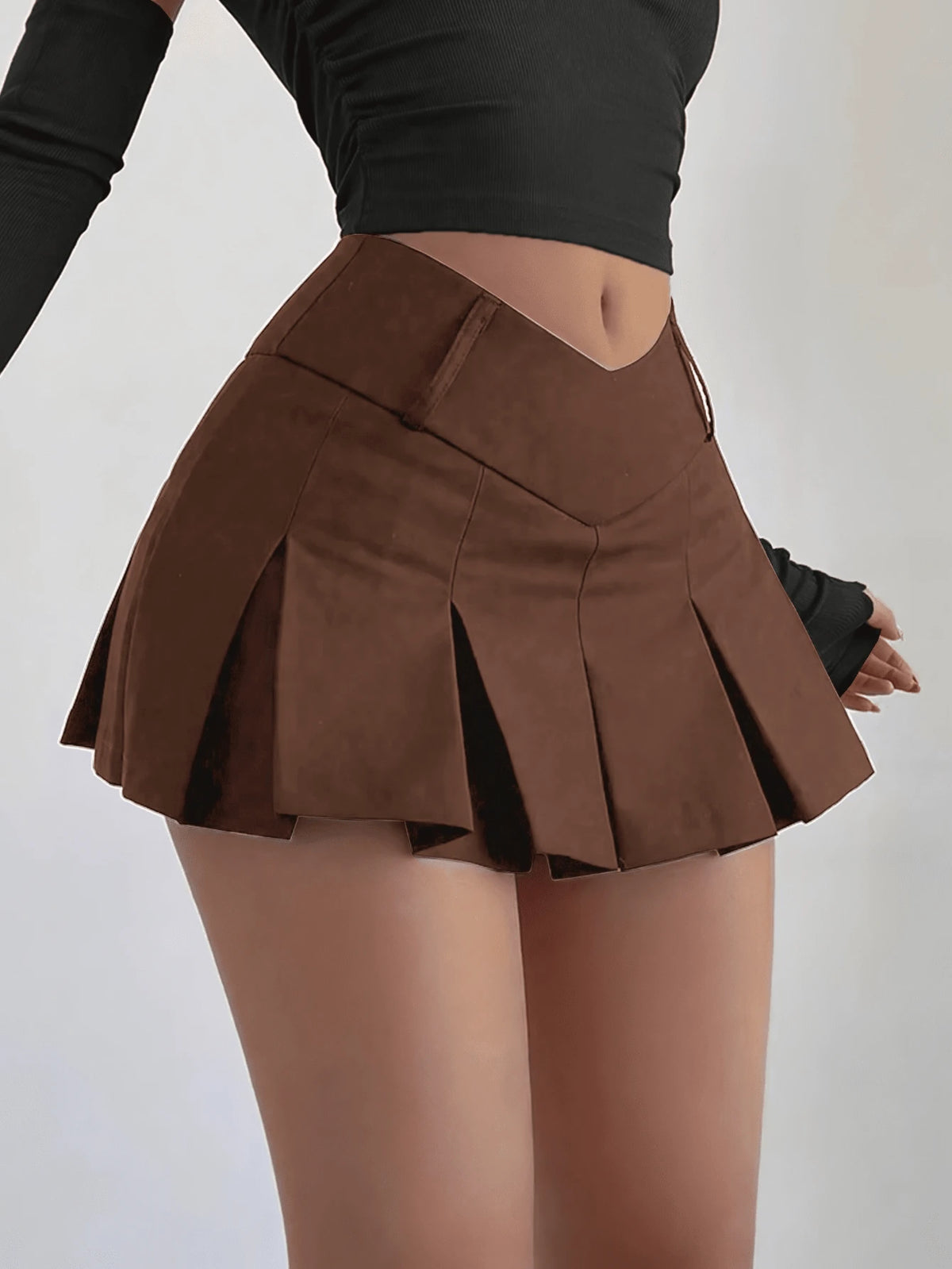 Y2K Streetwear Low Waist V-Neck Pleated A-Line Mini Skirt Casual Spring Brown