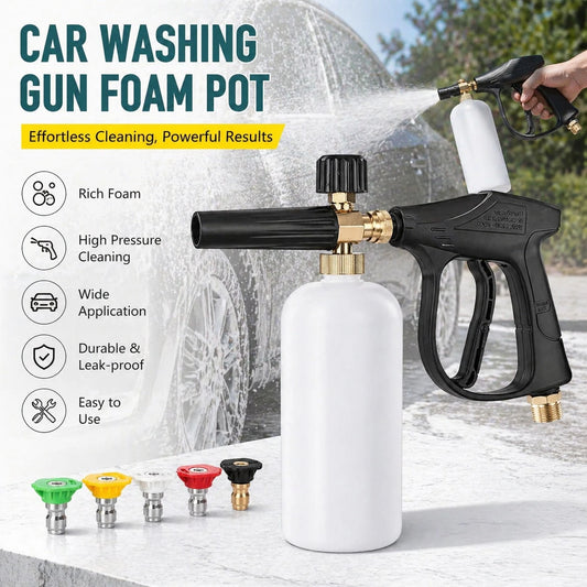YAIUZGOO Short High Pressure Washer Gun With Foam Cannon, Includes 1/4" Quick Connector And 5 High Pressure Nozzles, 1000ml Foam Cannon, Auto Accessories, Suitable For Car, Home, Garden
