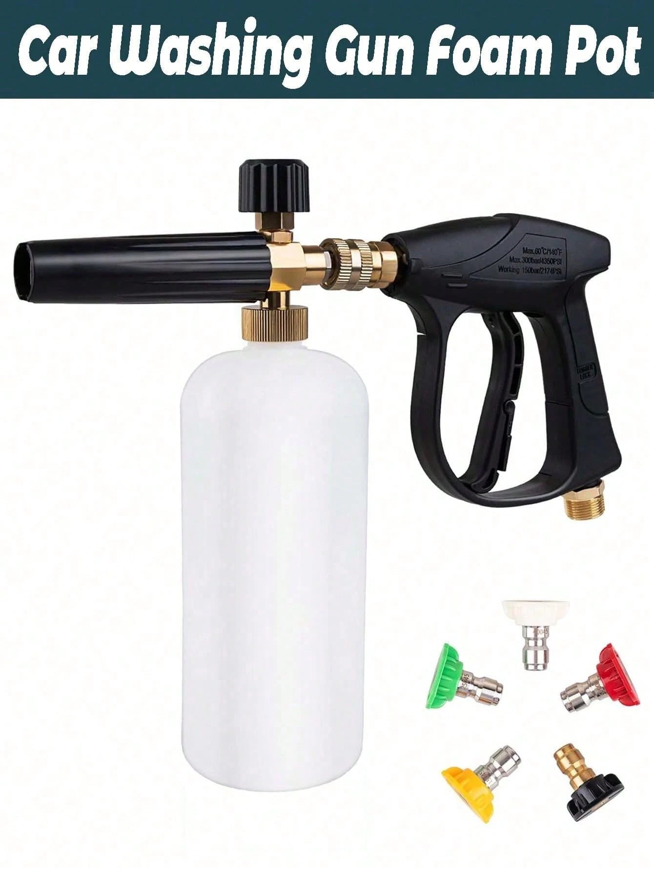YAIUZGOO Short High Pressure Washer Gun With Foam Cannon, Includes 1/4" Quick Connector And 5 High Pressure Nozzles, 1000ml Foam Cannon, Auto Accessories, Suitable For Car, Home, Garden