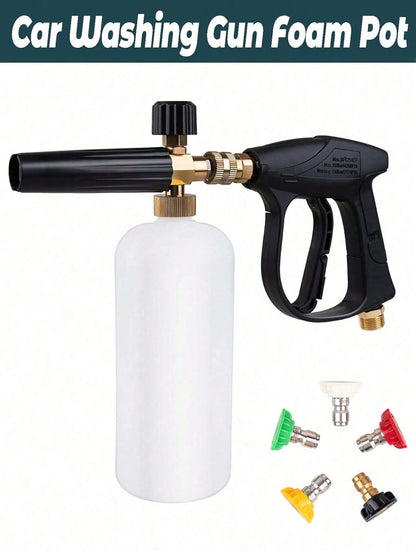 YAIUZGOO Short High Pressure Washer Gun With Foam Cannon, Includes 1/4" Quick Connector And 5 High Pressure Nozzles, 1000ml Foam Cannon, Auto Accessories, Suitable For Car, Home, Garden