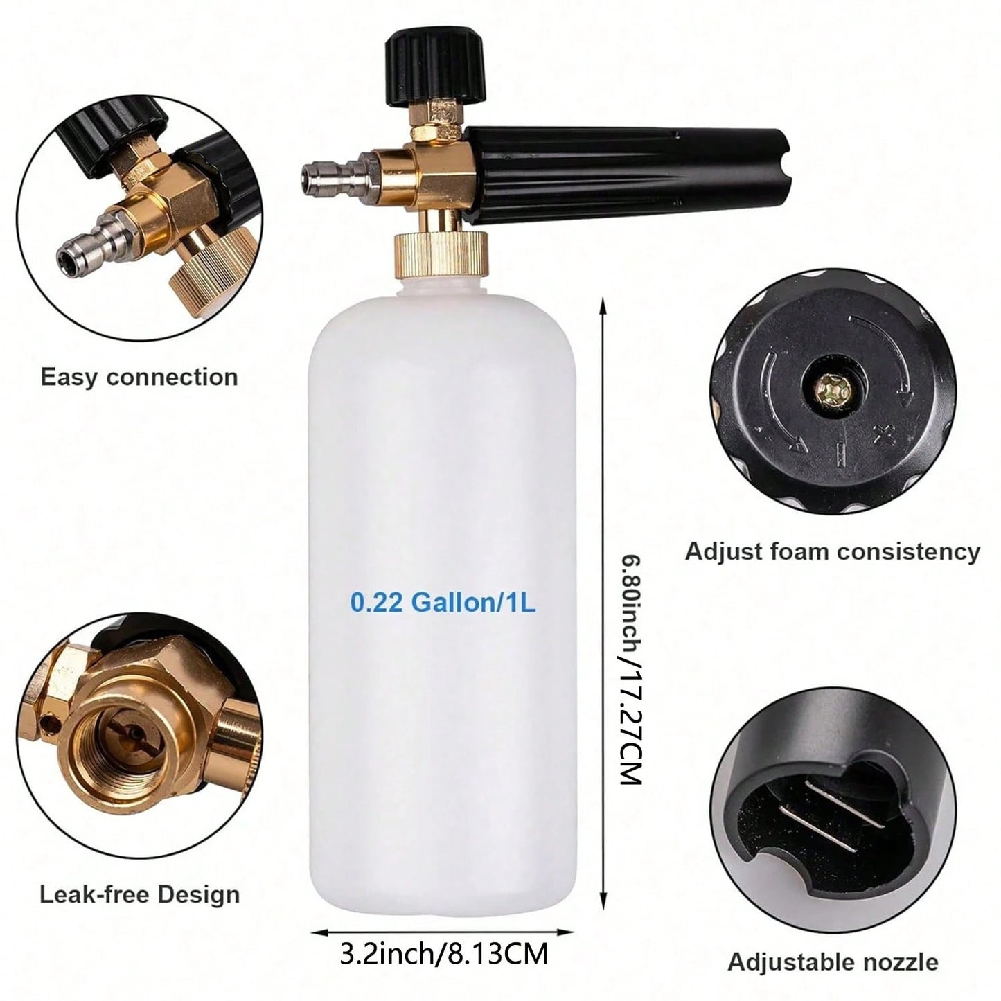 YAIUZGOO Short High Pressure Washer Gun With Foam Cannon, Includes 1/4" Quick Connector And 5 High Pressure Nozzles, 1000ml Foam Cannon, Auto Accessories, Suitable For Car, Home, Garden