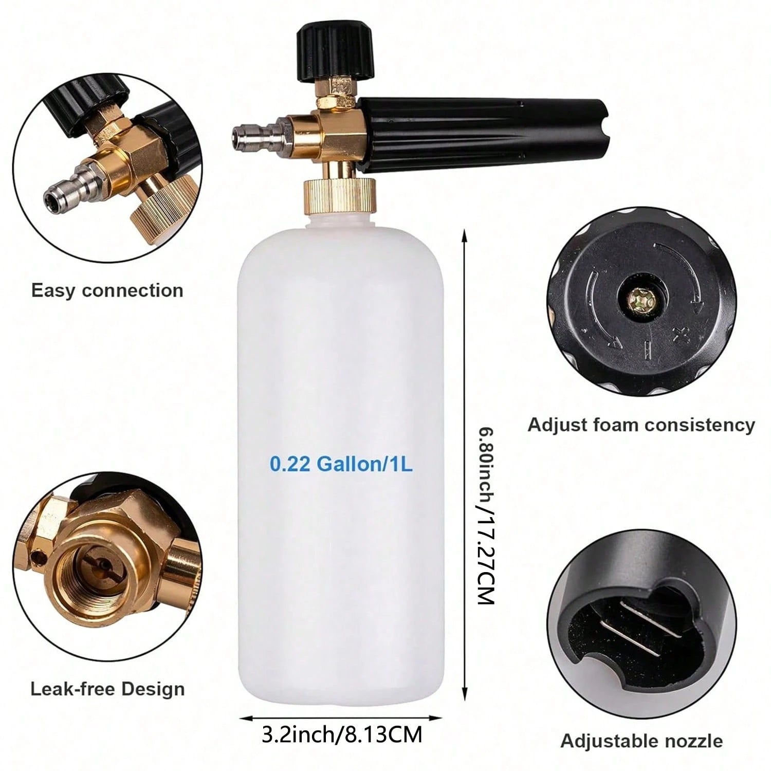 YAIUZGOO Short High Pressure Washer Gun With Foam Cannon, Includes 1/4" Quick Connector And 5 High Pressure Nozzles, 1000ml Foam Cannon, Auto Accessories, Suitable For Car, Home, Garden