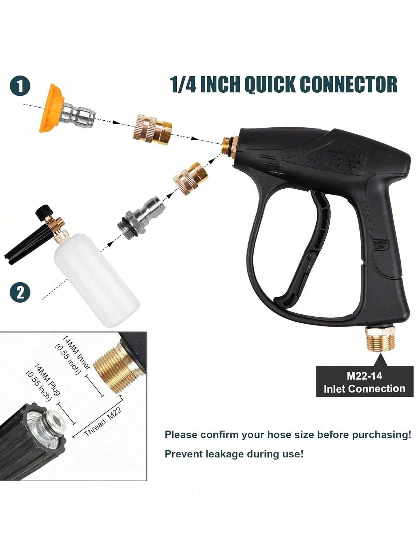 YAIUZGOO Short High Pressure Washer Gun With Foam Cannon, Includes 1/4" Quick Connector And 5 High Pressure Nozzles, 1000ml Foam Cannon, Auto Accessories, Suitable For Car, Home, Garden