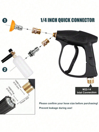 YAIUZGOO Short High Pressure Washer Gun With Foam Cannon, Includes 1/4" Quick Connector And 5 High Pressure Nozzles, 1000ml Foam Cannon, Auto Accessories, Suitable For Car, Home, Garden