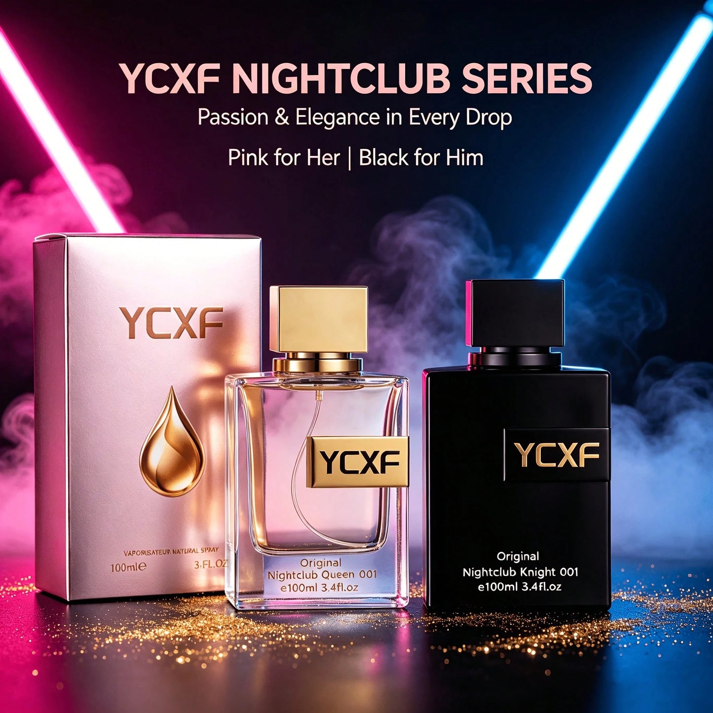 YCXF Party Carnival Perfume Set, Unisex, 3.38 Ounces, Pink Floral And Fruity Scent, For Women, Black Moringa Scent, For Men, Couple's Perfume Gift Set